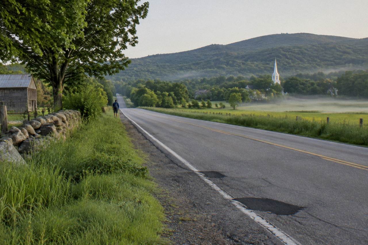 A bike lane on a Vermont country road with tree covered hills behind it