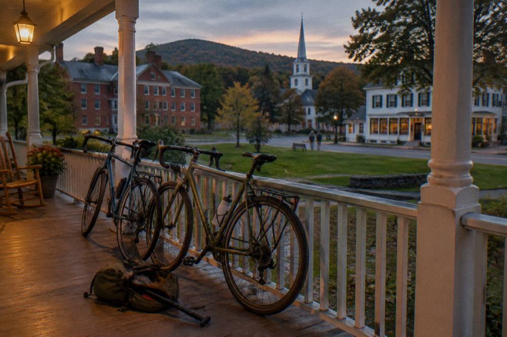 An inn porch with bicycles leaning against the railing at dusk