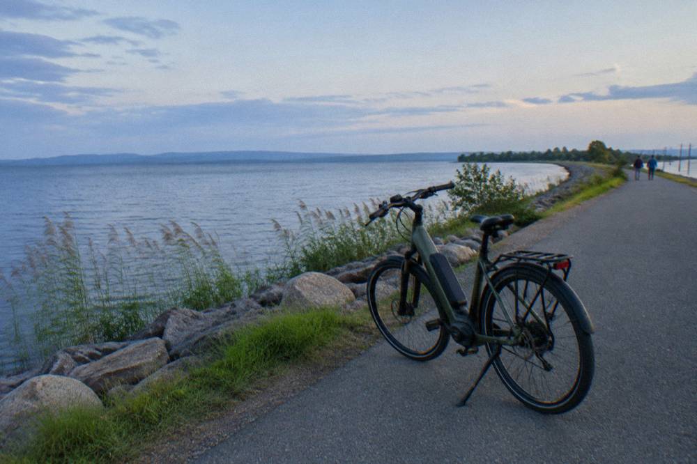 An electric assist bike parked on a paved path beside a calm lake