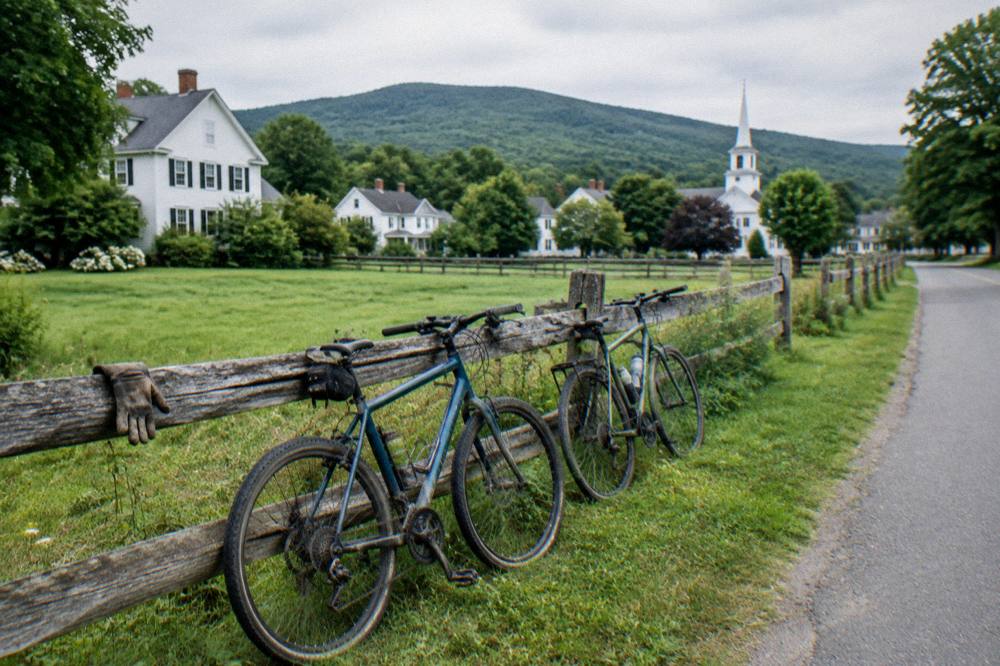 Two bicycles leaning against a wooden fence beside a quiet country road