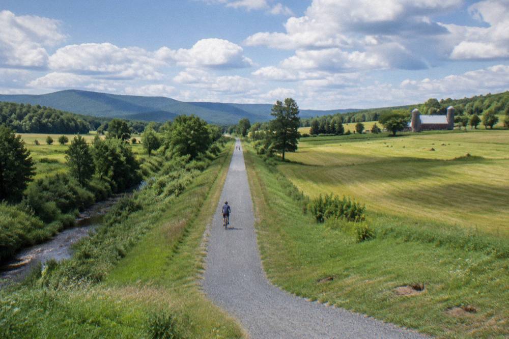 A crushed stone rail trail stretching straight through green farmland with hills behind