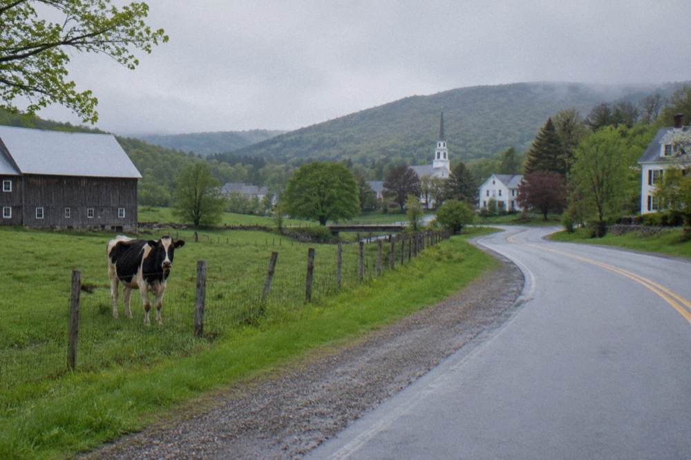 A quiet paved country road curving between green hills and farm fields