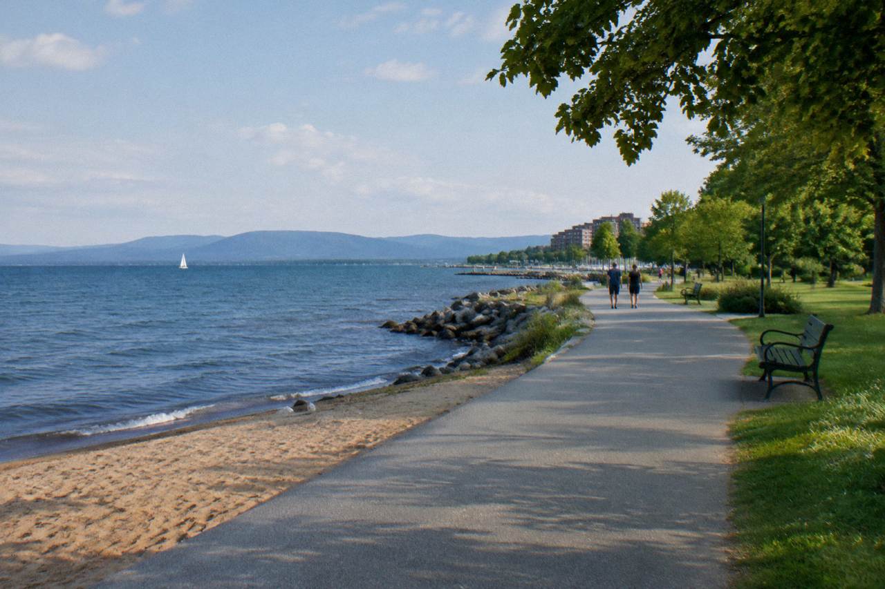 A paved bike path curving beside a quiet Vermont lake shoreline with wooded hills in the distance
