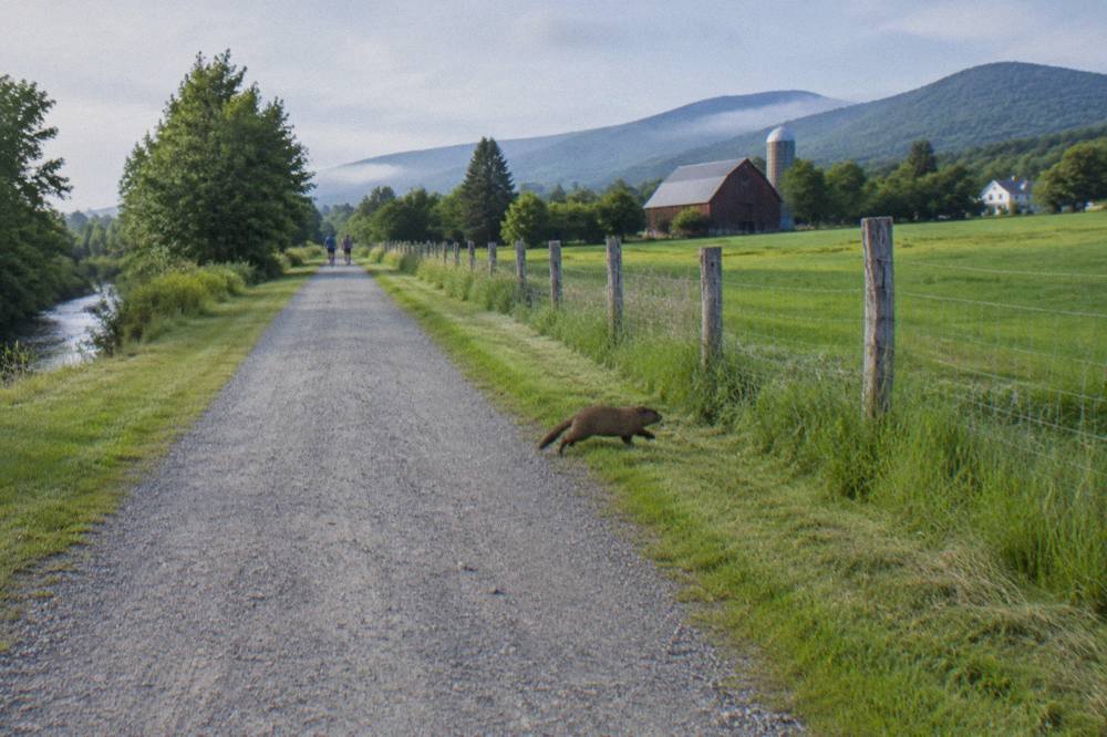 A wide crushed stone rail trail running straight through green farmland with hills beyond
