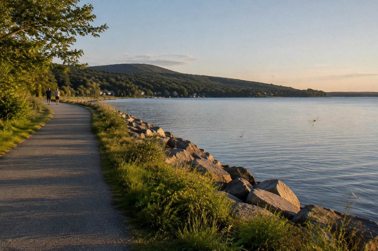 A paved bike path curving along a lake shore with green hills behind it