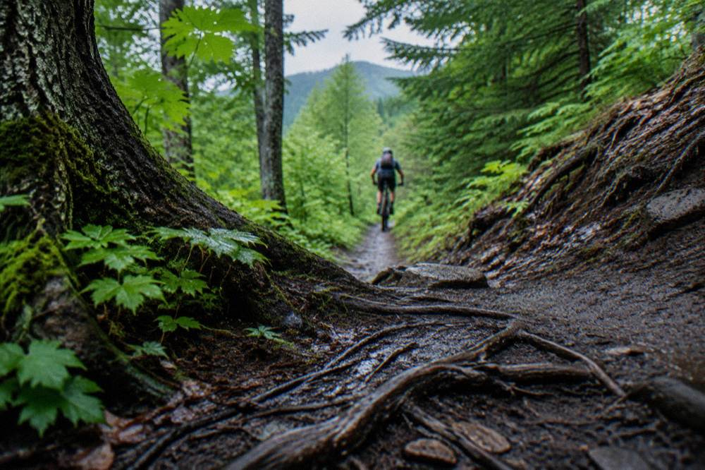 A mountain biker pedaling a forested singletrack trail with dense summer foliage
