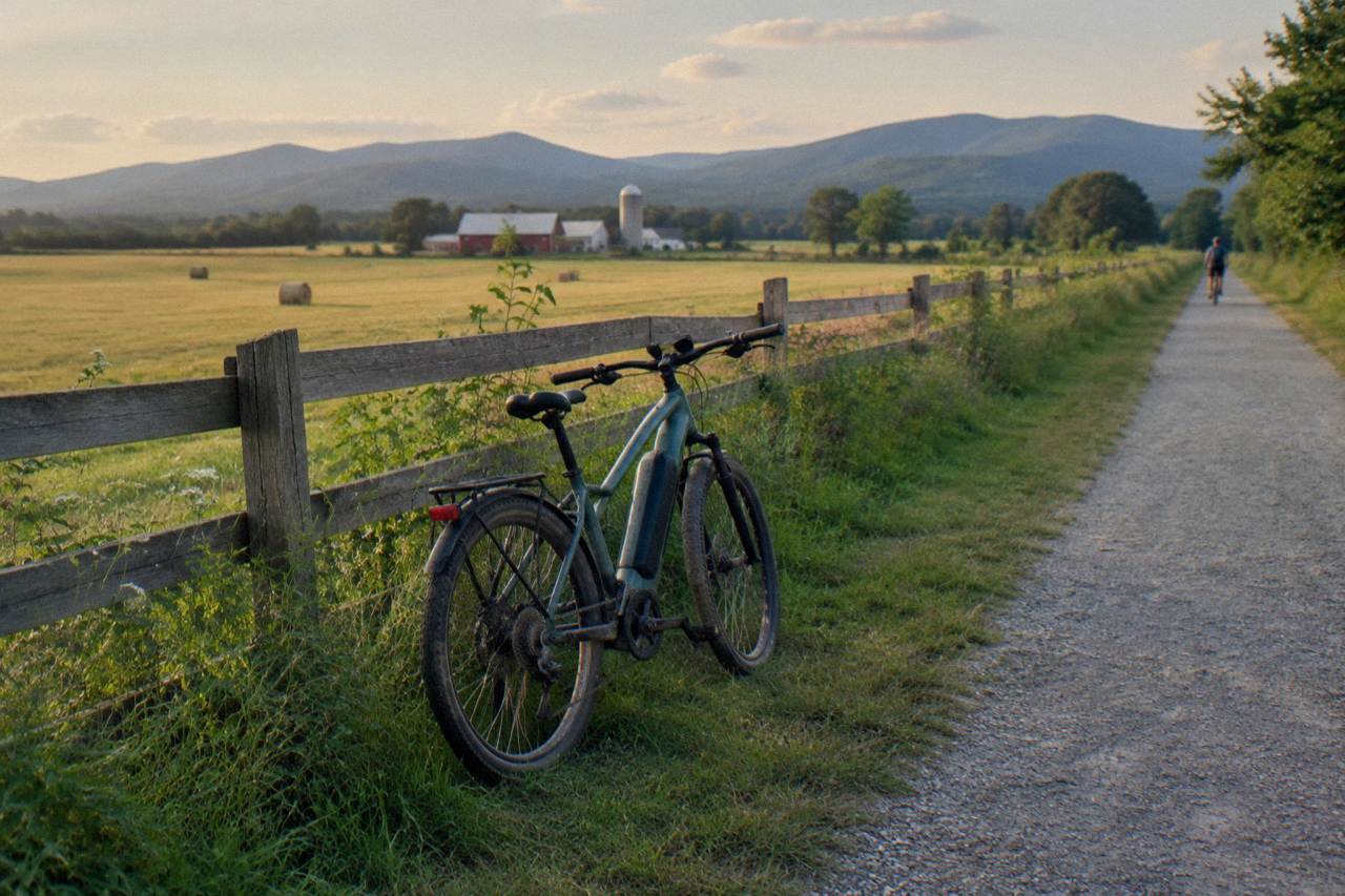 An electric assist bike parked on a crushed stone rail trail beside a wooden fence in rural Vermont