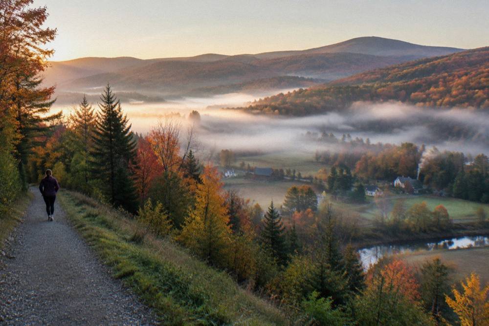 Morning mist over a Vermont valley with patchy red and gold hardwood color