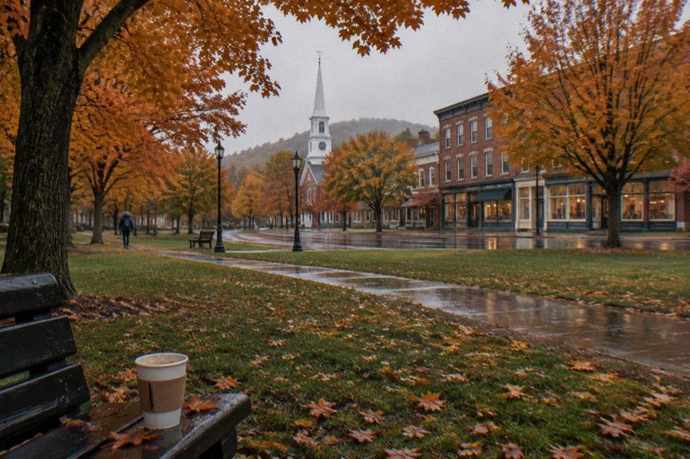 A Vermont village main street lined with orange maple trees and a church steeple