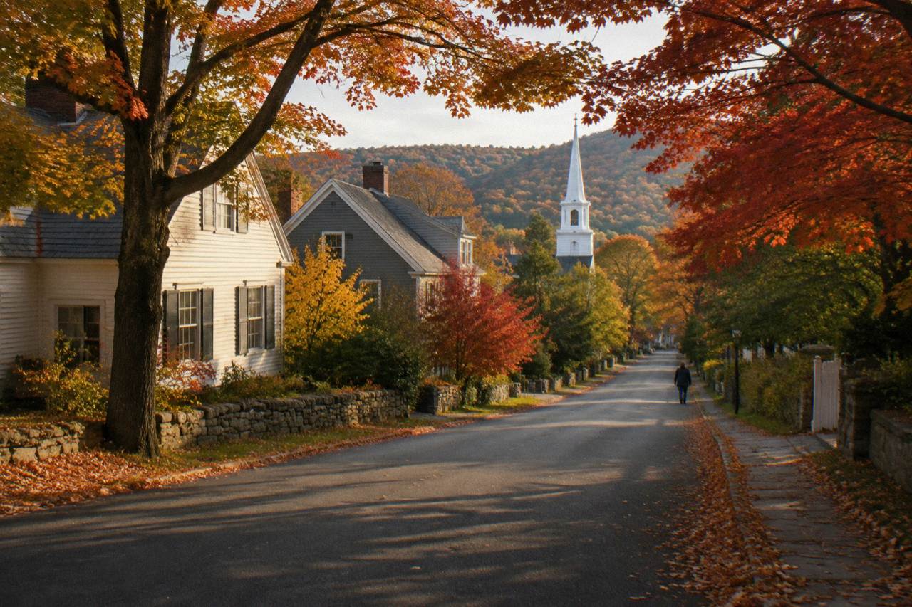 A tree-lined country road in Vermont with red and orange maple foliage beside an empty paved shoulder