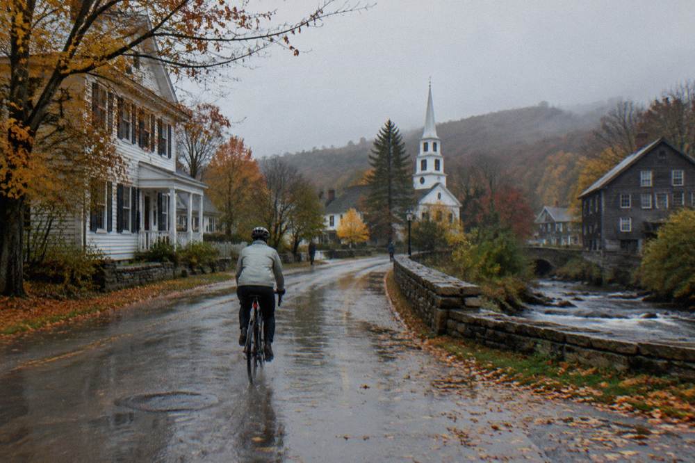 A cyclist in a light jacket riding a quiet rural road with fallen leaves scattered on the pavement