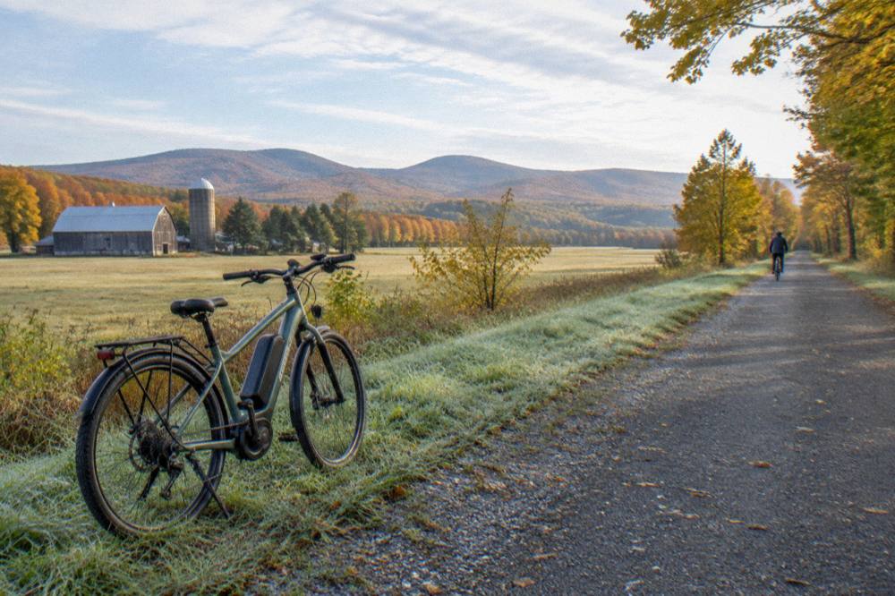 An e-bike parked on a gravel rail trail beside trees turning gold in early autumn