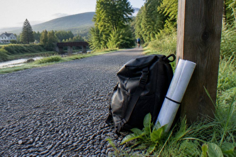 A gravel bike leaned against a wooden fence with saddlebags and a map clipped to the handlebars