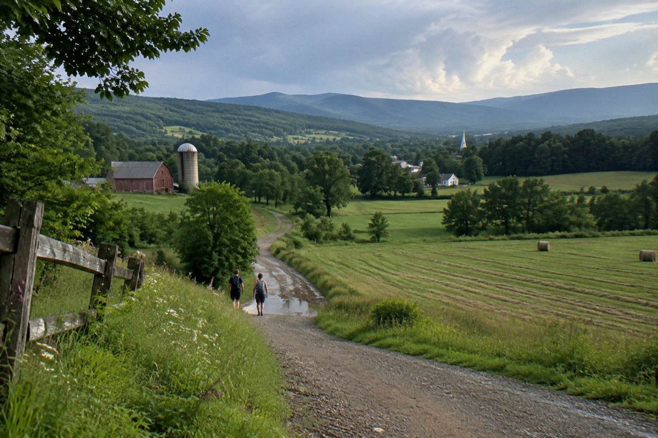 A gravel road curving through green Vermont hills with farm fields on both sides
