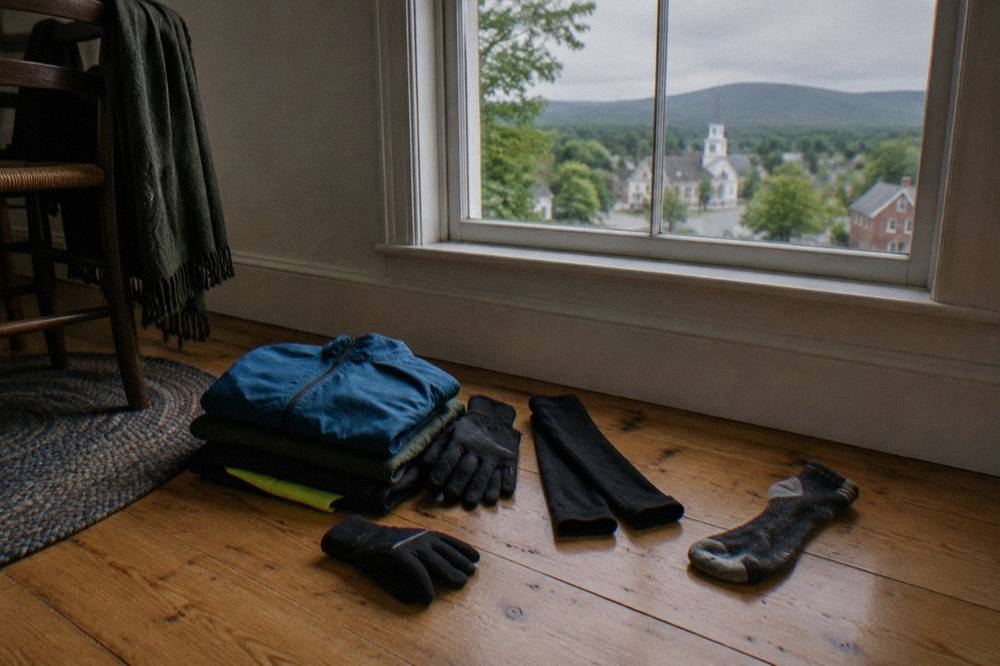 A folded set of cycling jackets, gloves and arm warmers laid out on a wooden floor beside a cycling helmet